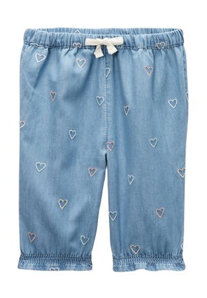 Pantalon bleu clair pour tout-petit avec taille élastique, cordon de serrage blanc et petits motifs de cœurs pastel brodés éparpillés.