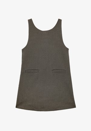 Ærmeløs, grå tekstureret kjole med rund halsudskæring, der har to forlommer og en lige silhuet.