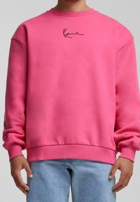 Rosa sweatshirt med ribbad rund halsringning och ärmslut, med en svart broderad logotyp på bröstet, ihop med ljusblå jeans.