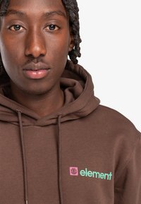 Brown hoodie with a front pocket, featuring a turquoise and pink "element" logo. Soft fabric with a relaxed fit and drawstring hood.
