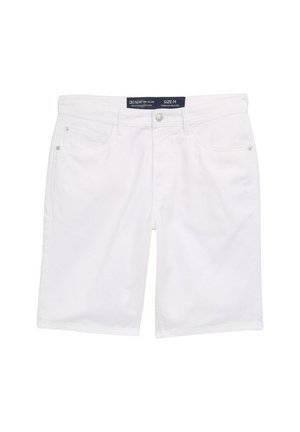 Shorts in denim bianco con cinque tasche, chiusura con bottone e zip, e dettagli di cucitura sottili. Vestibilità rilassata in taglia M, texture liscia.