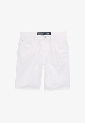 Valged denim lühikesed püksid viie taskuga, nööbiga ja tõmblukuga kinnitamine ning peened õmbluse detailid. Rikkalik sobivus suuruses M, sile tekstuur.