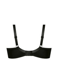 Czarny biustonosz o gładkiej strukturze, z regulowanymi ramiączkami i zapięciem na haftkę z tyłu. Prosty i minimalistyczny design.