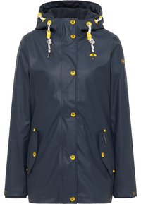 Imperméable marine avec capuche, accents jaunes, cordons blancs, deux poches avant et boutons. Texture lisse semblable à du caoutchouc.