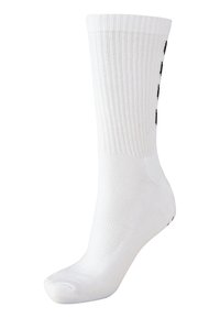 Calcetín de algodón blanco con textura acanalada, que presenta un diseño sólido y una puntera reforzada, extendiéndose por encima del tobillo. Detalle del logo en negro visible.