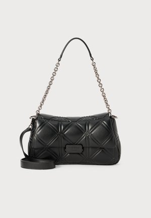 Black quilted handbag with a rectangular shape, featuring a chain strap, smooth leather material, and a rectangular logo plaque.