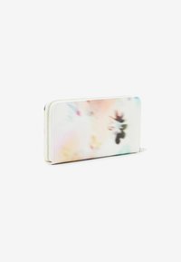 Zip-around wallet in white material with a soft, watercolor-like pattern in pastel shades. Features a silver zipper and sleek rectangular shape.