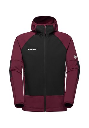 Veste softshell noire et bordeaux avec un col haut, fermeture éclair sur toute la longueur, poches latérales et logo sur la poitrine et la manche.