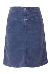 Denimrock in einem dunkelblauen Farbton mit einer vorderen Knopfleiste, fünf Taschen und einem leicht taillierten Saum. Strukturierter Stoff mit sichtbaren Nähten.