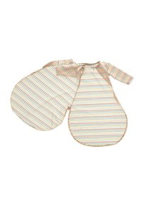 Striped baby sleep sack in soft fabric. Colors include white, blue, orange, and green. Features a rounded shape and long sleeves for warmth.