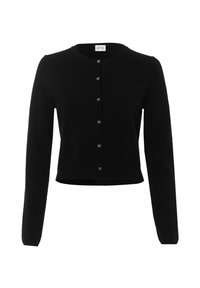 Cardigan nero con scollo rotondo, maniche lunghe e design corto. Presenta una chiusura frontale con bottoni e polsini e orlo a coste.