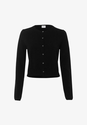 Schwarze Strickjacke mit rundem Ausschnitt, langen Ärmeln und verkürztem Design. Verfügt über eine Druckknopfverschluss und gerippte Bündchen sowie Saum.