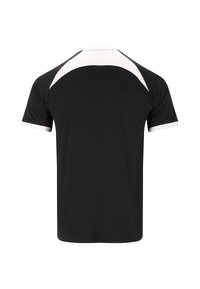 Svart tränings t-shirt med slim fit, korta ärmar, vita detaljer på axlarna och en mjuk, lätt tygkvalitet.