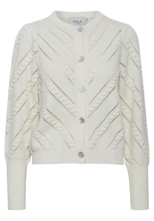 Cardigan alb tricotat cu guler și manșete ribelate, închidere cu nasturi și model texturat cu decupaje diagonale și cusături ridicate.