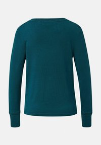 Turkusowy sweter z długim rękawem, okrągłym dekoltem i ściągaczami, z delikatnymi brokatowymi detalami, zaprezentowany od tyłu na białym tle.