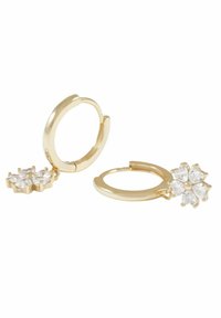Guld-hängande örhängen har en avtagbar blomma charm med klara, glittrande stenar. Designen inkluderar en slät finish och en polerad yta.