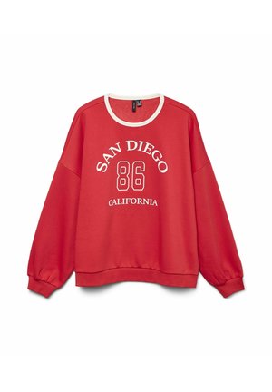 Rød sweatshirt med lange ærmer, hvid rund halsudskæring og grafisk tekst "SAN DIEGO 86 CALIFORNIA" trykt i hvid. Blød stoftekstur.