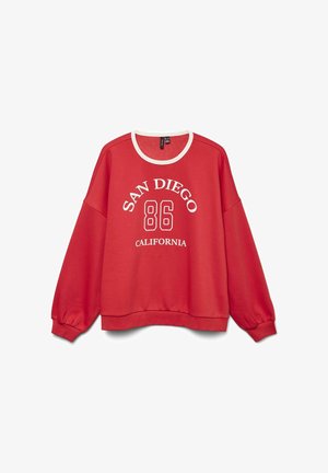 Rød sweatshirt med lange ærmer, hvid rund halsudskæring og grafisk tekst "SAN DIEGO 86 CALIFORNIA" trykt i hvid. Blød stoftekstur.