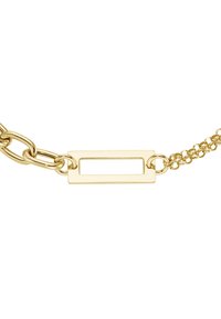 Gold chain bracelet with a rectangular link featuring an open center. The chain alternates between larger and smaller links, polished finish.