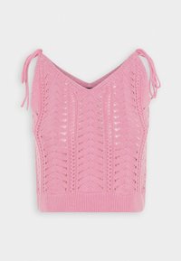 Top corto lavorato a maglia di colore rosa con scollatura a V, dotato di spalline annodate e un motivo testurizzato di trafori e trecce. Design leggero e aderente.