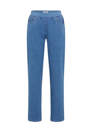 Blaue Jeanshose mit breitem, elastischem Bund, geradem Beinschnitt und zwei Vordertaschen. Glatte Textur mit klassischem Denim-Finish.