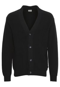 Černý cardigan z žebrované textury. Má výstřih do V, šest knoflíků vpředu a přiléhavé manžety. Bez dalších vzorů nebo ozdob.