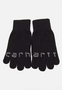 Guantes de punto negros con puños acanalados, que presentan texto gris a lo largo de los dedos. La tela es elástica y tiene una textura suave.