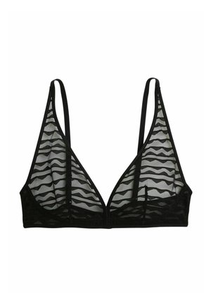 Bralette noir transparent avec de fines bretelles ajustables et un motif ondulé subtil sur le tissu en mesh, doté d'un décolleté en V profond.