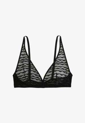 Bralette noir transparent avec de fines bretelles ajustables et un motif ondulé subtil sur le tissu en mesh, doté d'un décolleté en V profond.