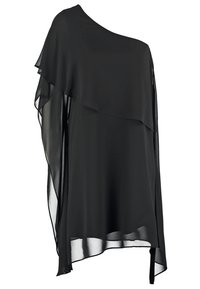 Czarna, przezroczysta bluzka na jedno ramię z warstwowym fasonem i asymetrycznym dołem. Miękka tekstura delikatnie opada, tworząc luźny krój z efektem drapowania.