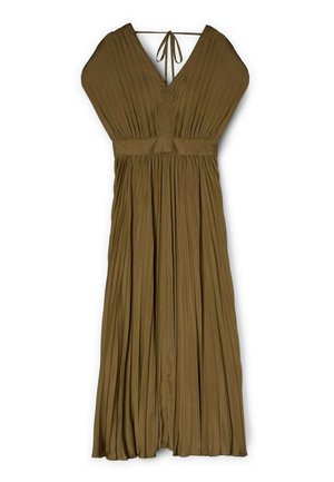 Robe plissée vert olive avec décolleté en V et manches larges. Dispose d'une taille froncée et d'un nœud à l'arrière. Texture lisse.