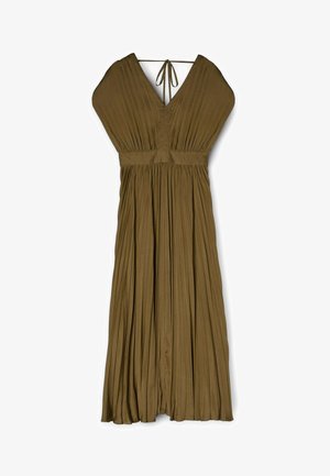 Oliwkowa, plisowana sukienka z dekoltem w kształcie litery V i szerokimi rękawami. Posiada marszczoną talię i wiązanie z tyłu. Gładka faktura.