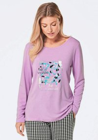 Hellblaues langärmliges Shirt mit Rundhalsausschnitt, das mit einem grafischen Druck in Blau, Schwarz und Silber verziert ist. Der Text lautet "Das Leben ist schön."