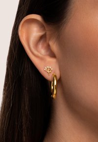 Orecchino a cerchio dorato e orecchino a forma di albero piccolo con accenti scintillanti, su uno sfondo di tonalità della pelle liscia e capelli scuri.