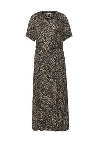 Kleid mit Leopardenmuster aus leichtem Stoff, mit V-Ausschnitt, kurzen Ärmeln, elastischem Taillenbund und einem fließenden, knöchellangen Design.