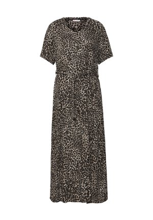 Leopardprint jurk van lichtgewicht stof, met een v-hals, korte mouwen, een elastische tailleband en een vloeiende, enkel-lange snit.