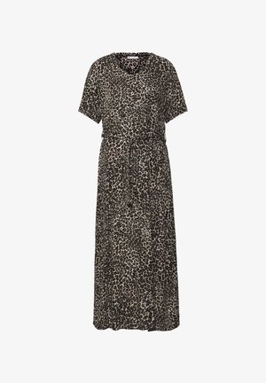 Leopardprint jurk van lichtgewicht stof, met een v-hals, korte mouwen, een elastische tailleband en een vloeiende, enkel-lange snit.