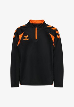 Schwarzer langärmeliger Sportpullover mit orangefarbenem Reißverschluss, Schulterstreifen und Hummel-Logo auf der Brust, mit Stehkragen.
