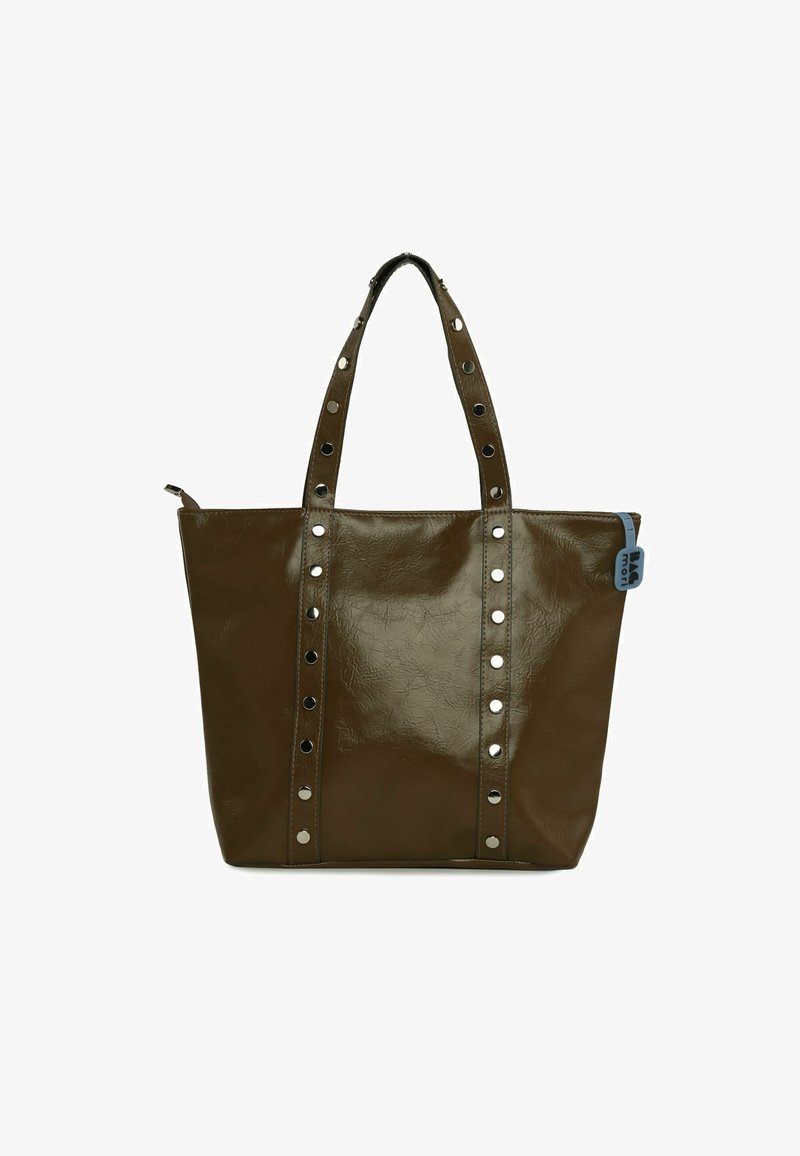 Pruun poekott, mis on valmistatud tekstuurse sünteetilise materjali koostisest, millel on suured ümmargused naelad käepidemetel ja sinine silt küljes.