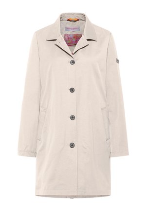 Lichtbeige mantel met enkele rij knopen, kraag, vier knopen, zijzakken en kleurrijke, patroonige voering aan de binnenkant.