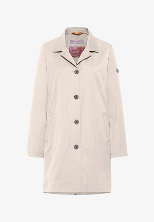 Jasnoszary beżowy płaszcz jednorzędowy z kołnierzem, czterema guzikami, bocznymi kieszeniami oraz kolorową, wzorzystą podszewką wewnętrzną.