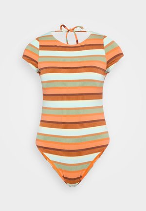 Μονοκόμματο μαγιό με ρίγες και μανίκια με καπάκι, που διαθέτει εναλλασσόμενες κάθετες ρίγες σε πορτοκαλί, καφέ και ανοιχτό μπλε χρώμα, καθώς και κλείσιμο με κορδόνι πίσω.