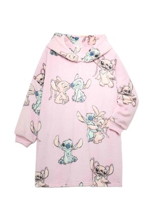 Robe en polaire à manches longues rose avec capuche, imprimée de multiples personnages de dessins animés Stitch et Angel, ludiques, sur toute la surface.