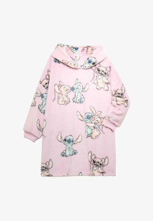 Robe en polaire à manches longues rose avec capuche, imprimée de multiples personnages de dessins animés Stitch et Angel, ludiques, sur toute la surface.