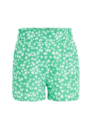 Shorts en tissu vert avec motif floral blanc et ceinture élastique, matière texturée, vêtement décontracté d'été pour femmes.