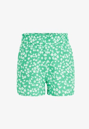 Zielone szorty materiałowe z białym kwiatowym wzorem i elastycznym pasem, materiał o fakturze, damski casual na lato.