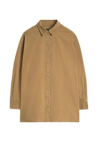 Jasnobrązowa koszula z ostrym kołnierzykiem, długimi rękawami i zapinana na guziki z przodu. Charakteryzuje się widocznym przeszyciem i dużymi guzikami.