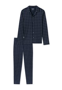 Conjunto de pijama para hombre en azul marino con patrón de cuadrícula blanca, camisa de manga larga con botones y pantalones a juego con cintura elástica.