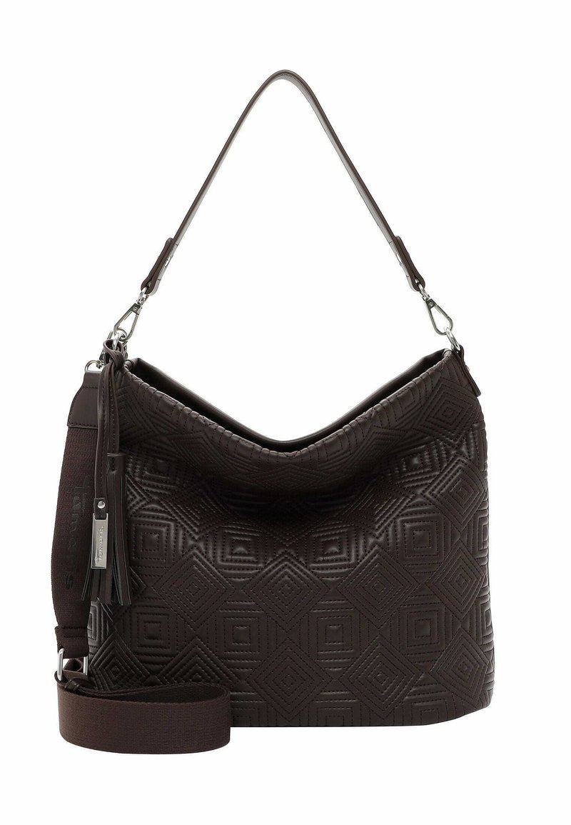 Borsa a spalla in pelle marrone scuro con motivo geometrico a trapunta, tracolla staccabile e zip con nappina su sfondo bianco.