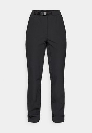 Pantalones negros hechos de una tela suave y liviana. Presentan una cinturilla con un cinturón incorporado, bolsillos frontales y un corte recto.